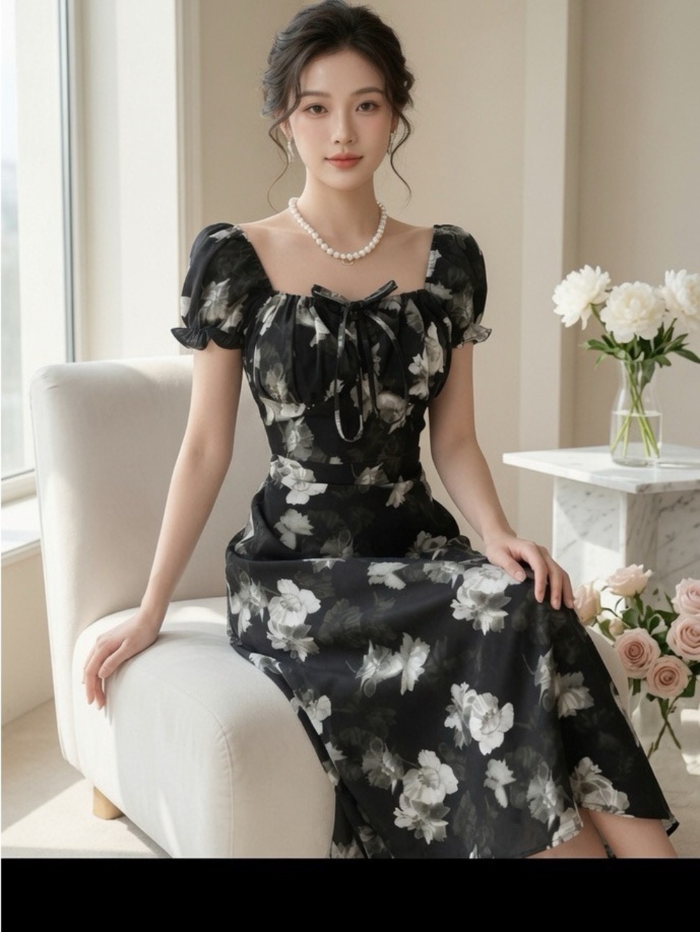 Elegant Black Floral Front Tie-Up Midi Dress – Timeless & Romantic